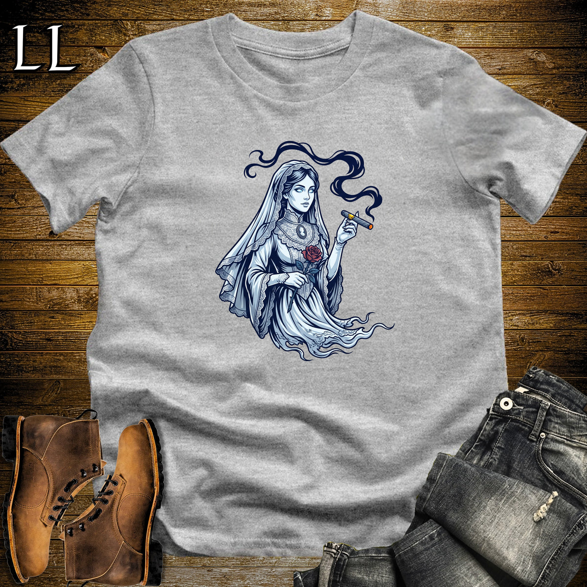 Victorian Ghost Lady Cigar T-Shirt Sport Grey | Ghost Lady Cigar Halloween Tee