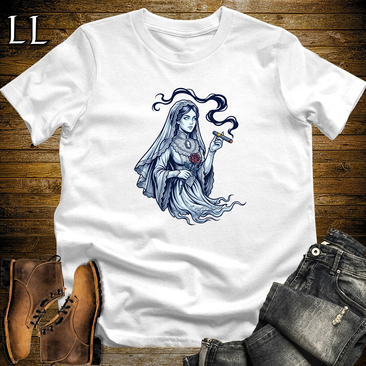 Victorian Ghost Lady Cigar T-Shirt White | Ghost Lady Cigar Halloween Tee