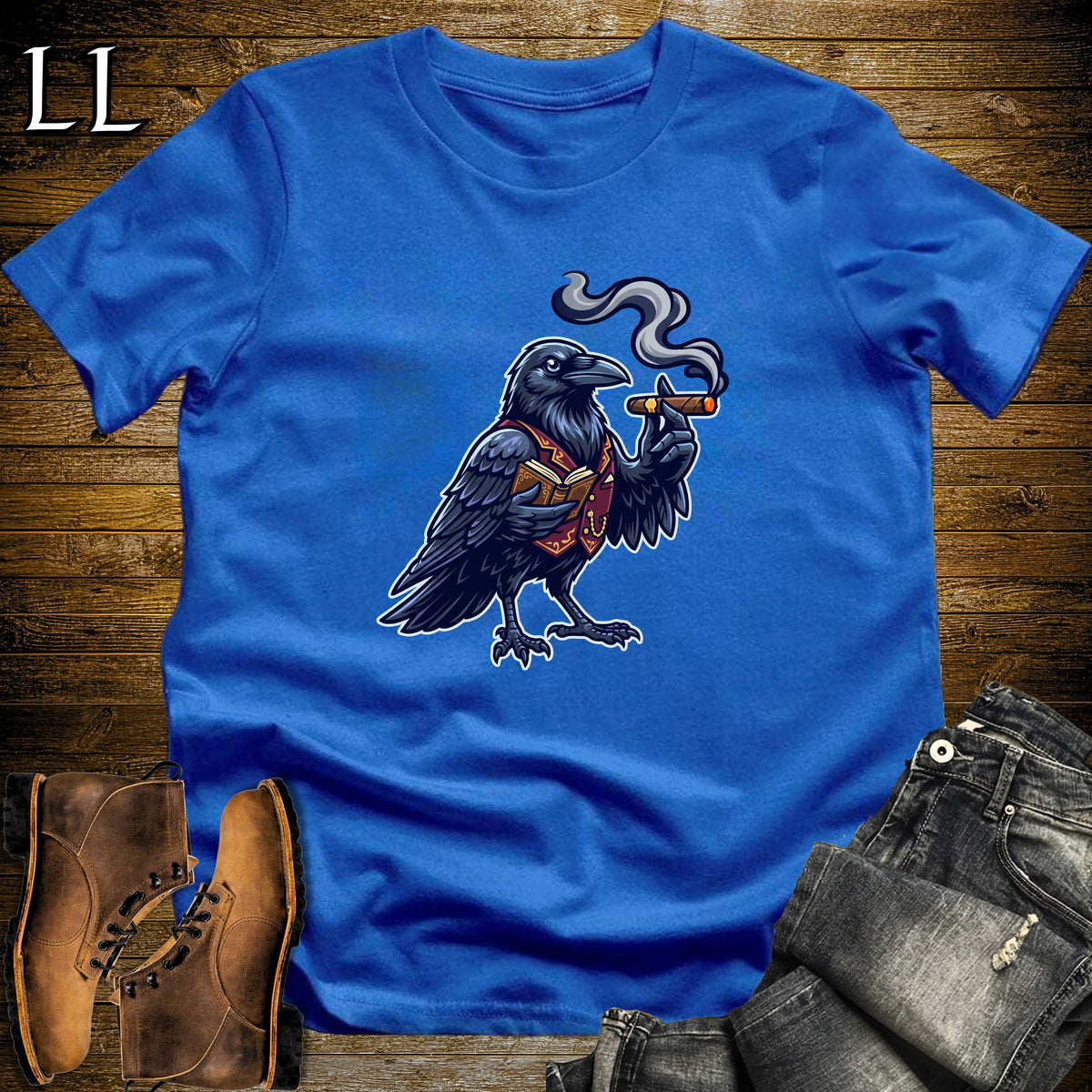 Victorian Raven Poetry Cigar T-Shirt Royal | Raven Cigar Halloween Tee