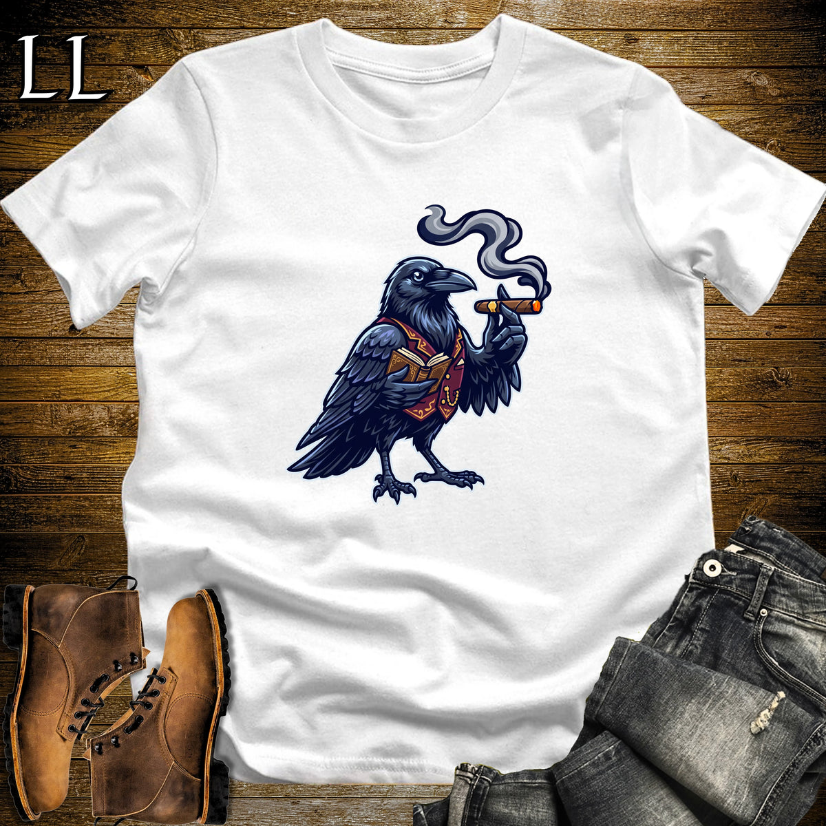 Victorian Raven Poetry Cigar T-Shirt White | Raven Cigar Halloween Tee