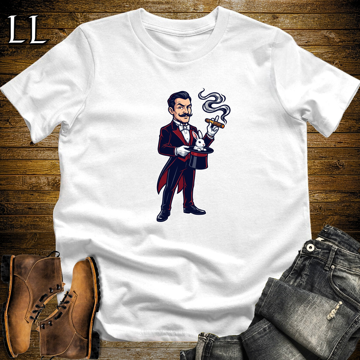 Victorian Stage Magician Cigar T-Shirt White | Stage Magician Cigar Halloween Tee
