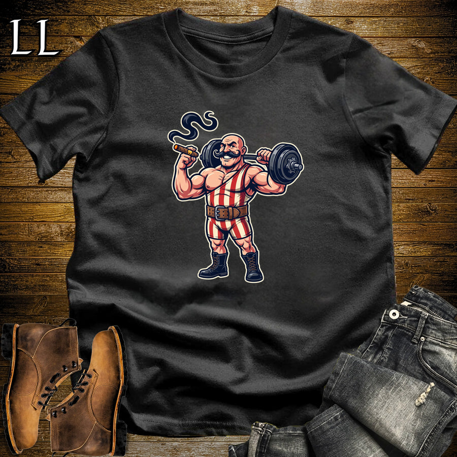 Vintage Circus Strongman Cigar T-Shirt Black | Circus Strongman Cigar Halloween Tee