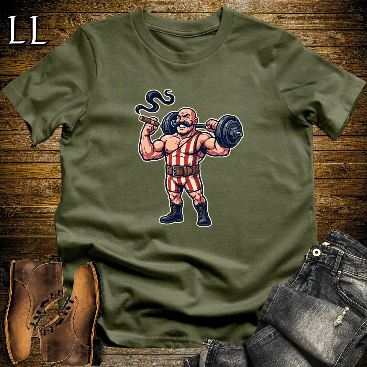 Vintage Circus Strongman Cigar T-Shirt Military Green | Circus Strongman Cigar Halloween Tee