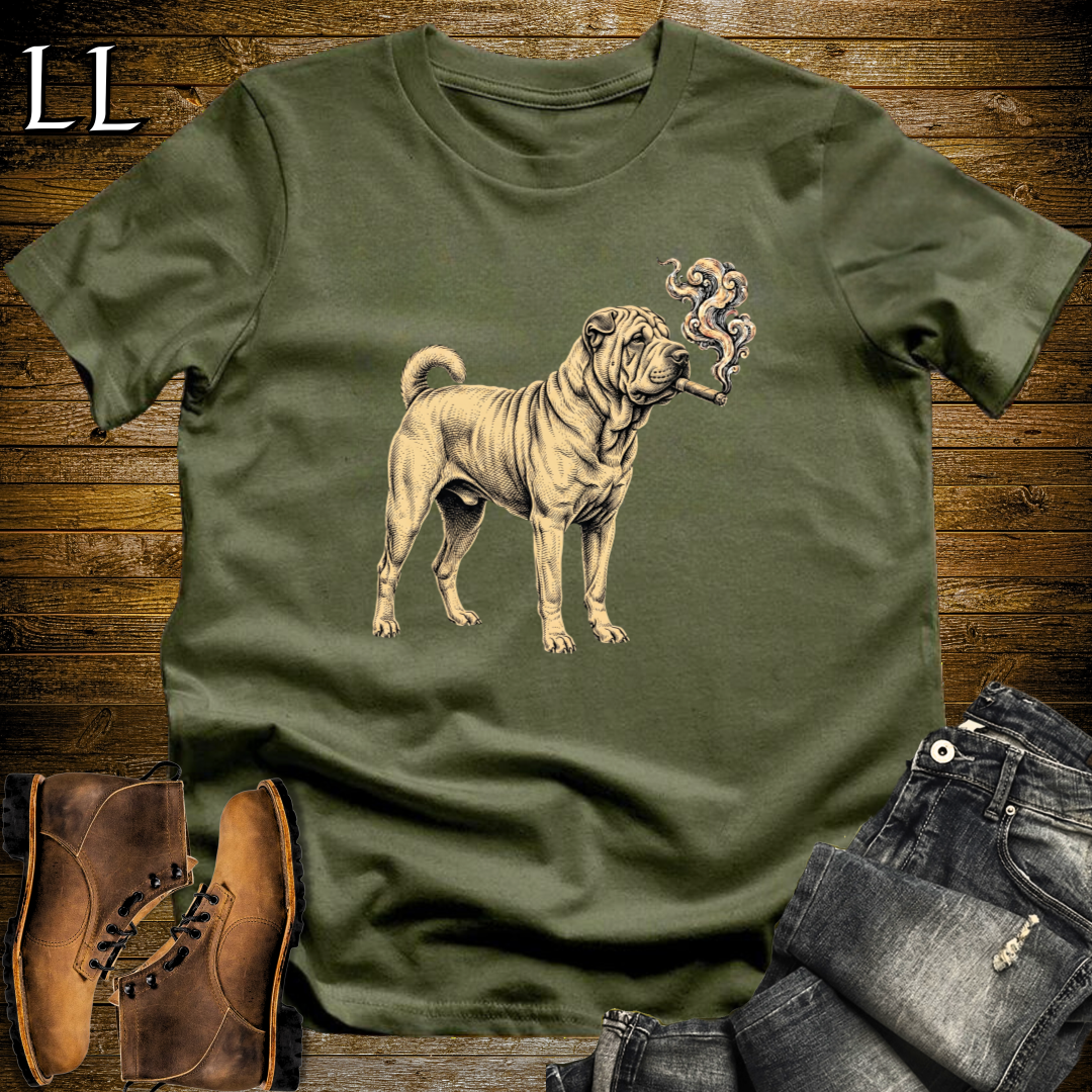 Vintage Cigar Chinese Shar Pei T-Shirt Military Green | Shar Pei Cigar Lover Gift Tee