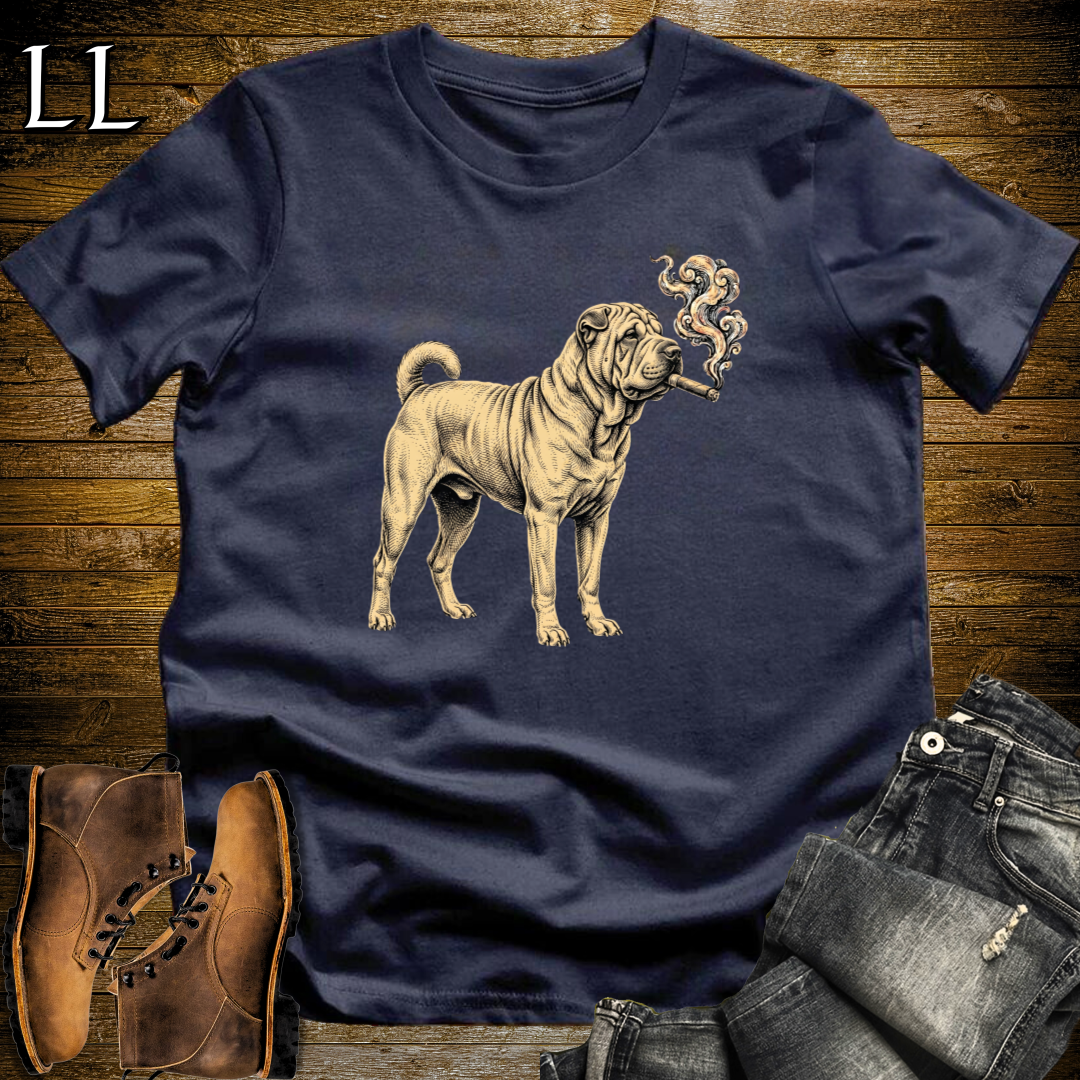 Vintage Cigar Chinese Shar Pei T-Shirt Navy | Shar Pei Cigar Lover Gift Tee