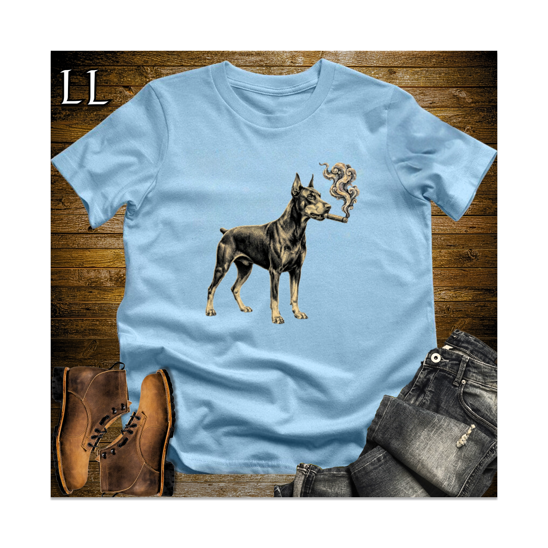 Vintage Cigar Doberman Softstyle T Shirt Light Blue | Cigar Dog Lover Tee