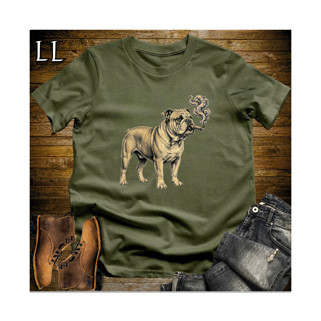 Vintage Cigar English Bulldog Softstyle T Shirt Military Green | Dog Lover Cigar Tee