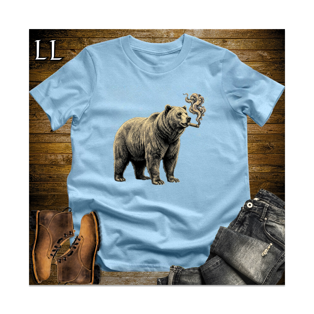 Vintage Cigar Grizzly Bear Softstyle T Shirt Light Blue | Animal Lover Tee