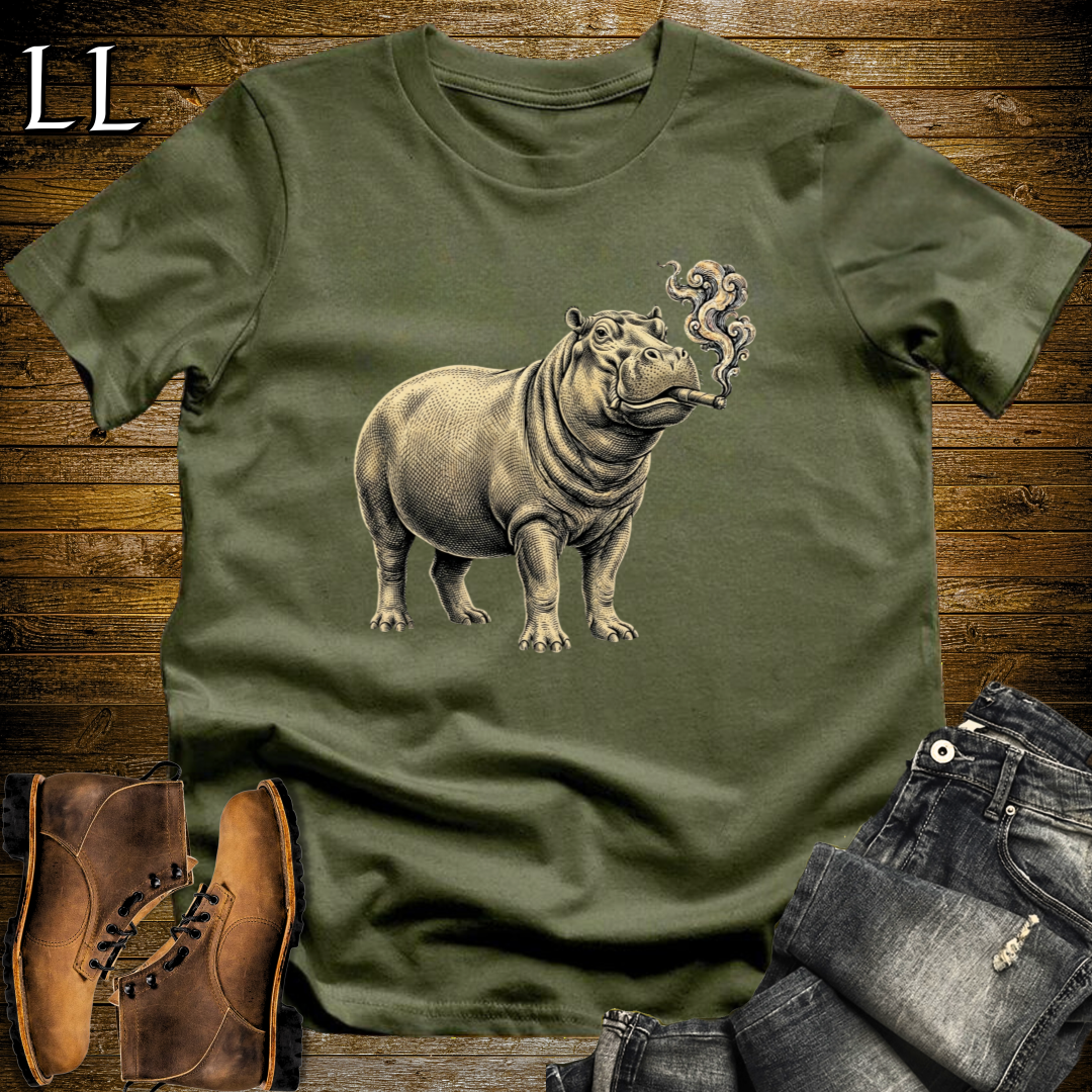 Vintage Cigar Hippo T-Shirt Military Green | Funny Cigar Gift Tee