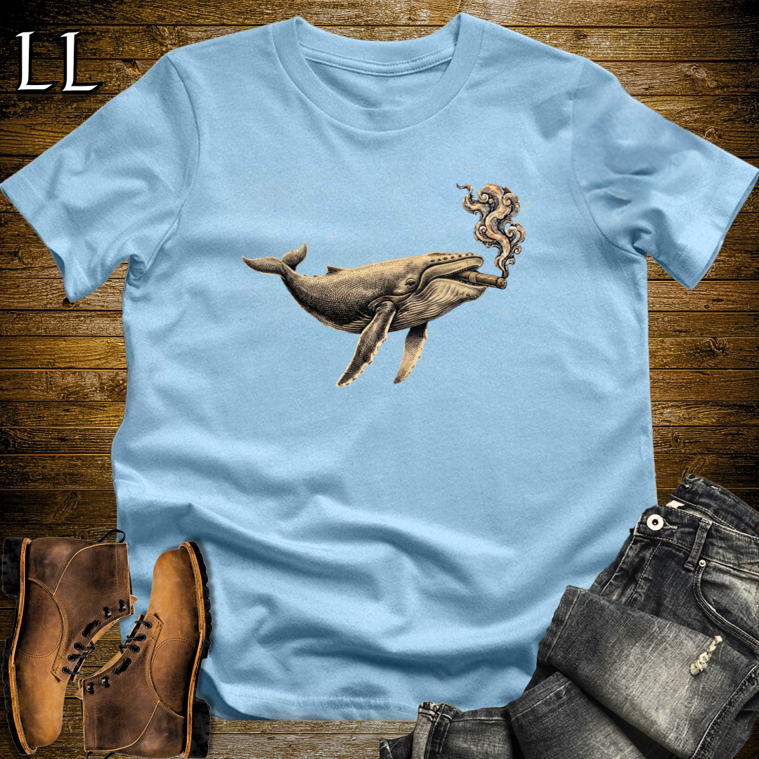 Vintage Cigar Humpback Whale T-Shirt Light Blue | Cigar Whale Graphic Tee