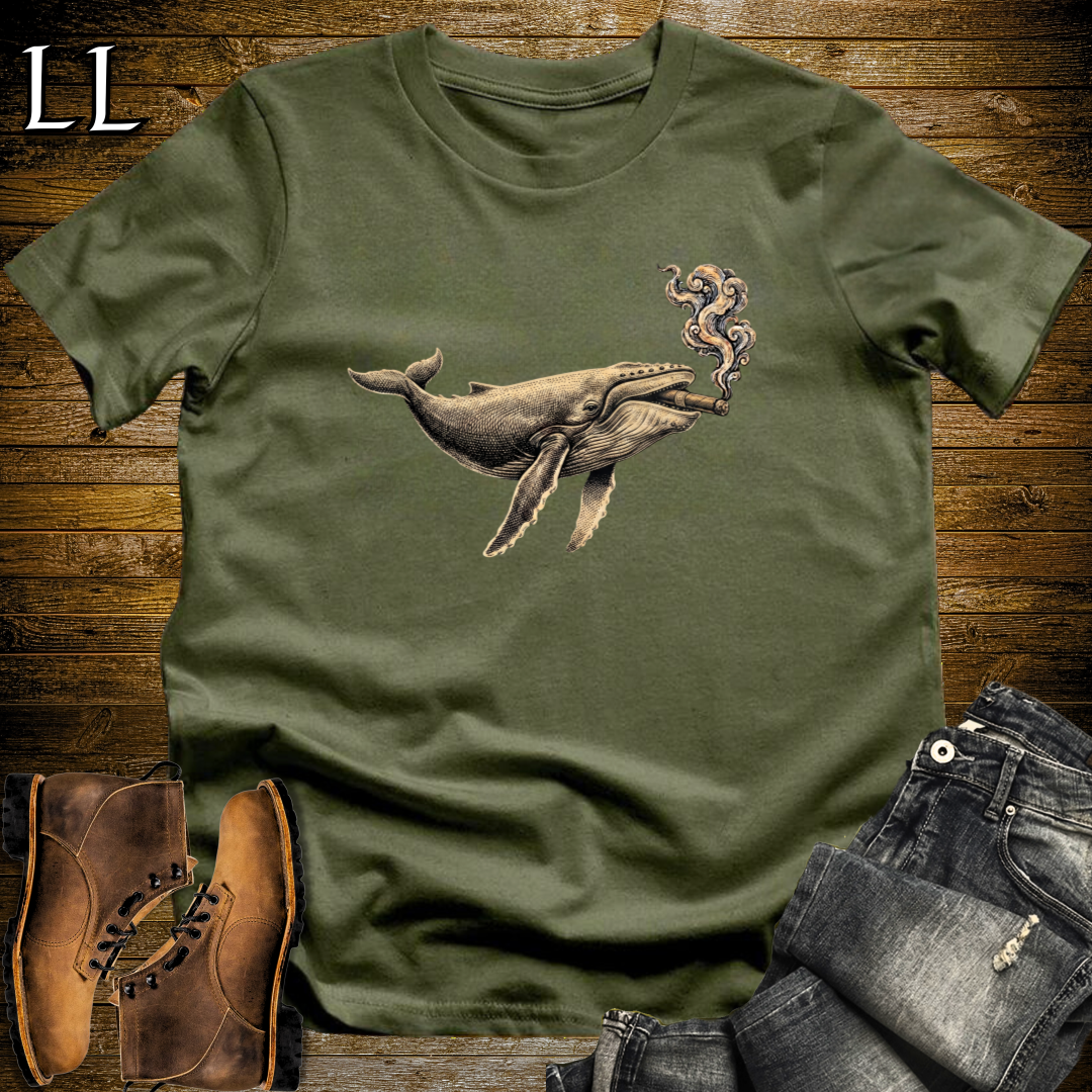 Vintage Cigar Humpback Whale T-Shirt Military Green | Cigar Whale Graphic Tee