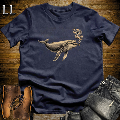 Vintage Cigar Humpback Whale T-Shirt Navy | Cigar Whale Graphic Tee