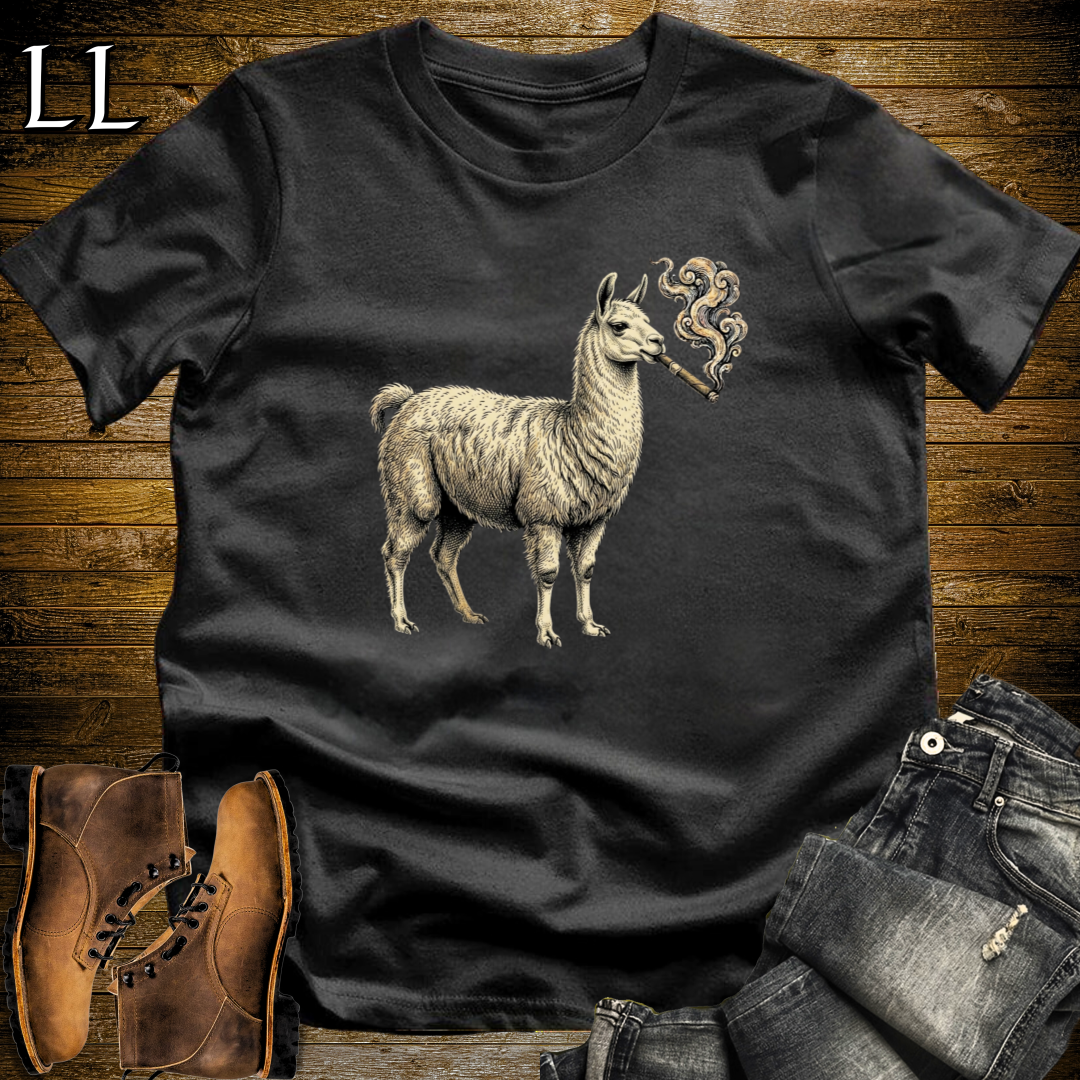 Vintage Cigar Llama T-Shirt Black | Funny Cigar Animal Tee
