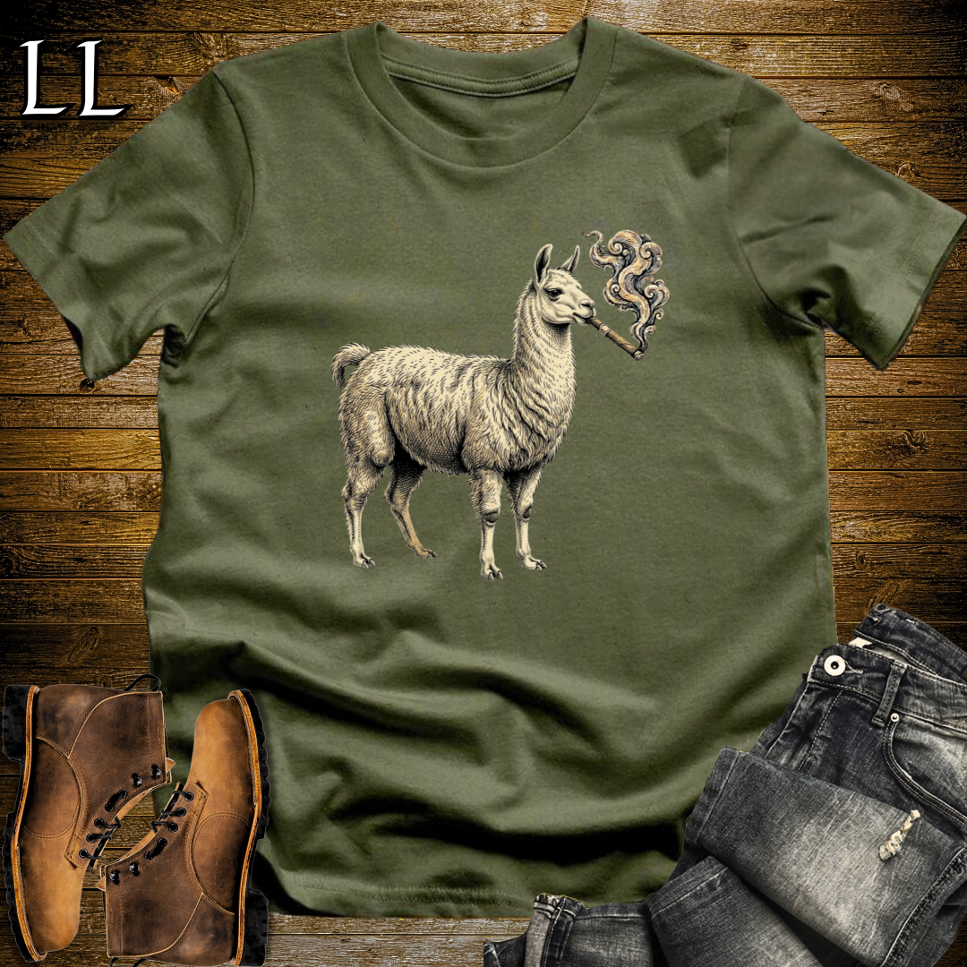Vintage Cigar Llama T-Shirt Military Green | Funny Cigar Animal Tee