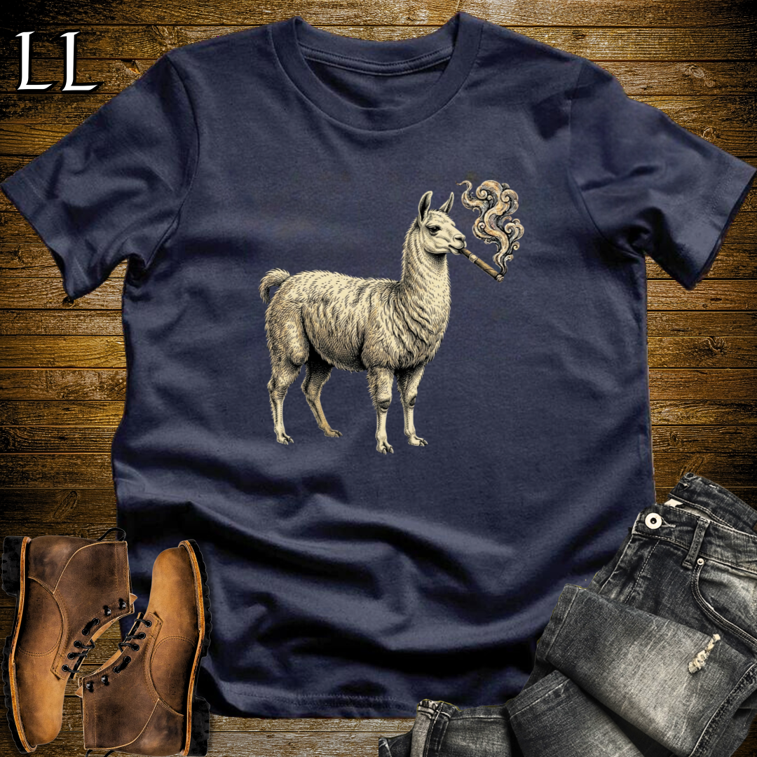 Vintage Cigar Llama T-Shirt Navy | Funny Cigar Animal Tee