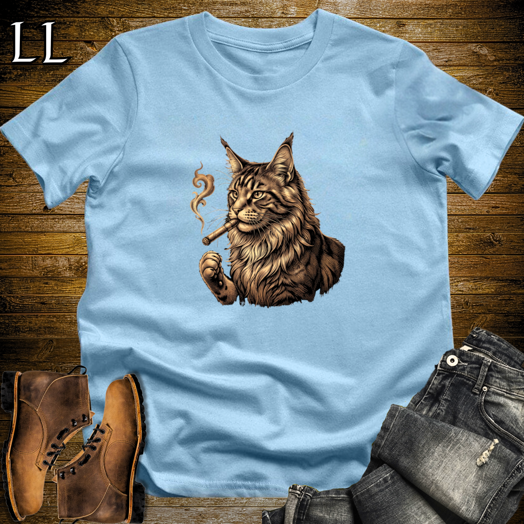 Vintage Cigar Maine Coon T-Shirt Light Blue | Cat Lover Gift Tee