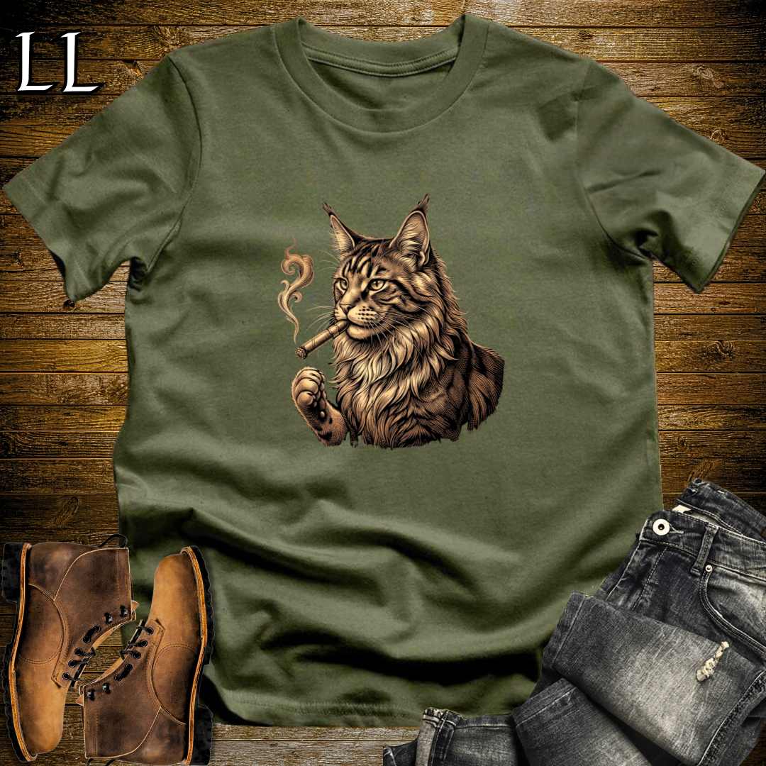 Vintage Cigar Maine Coon T-Shirt Military Green | Cat Lover Gift Tee