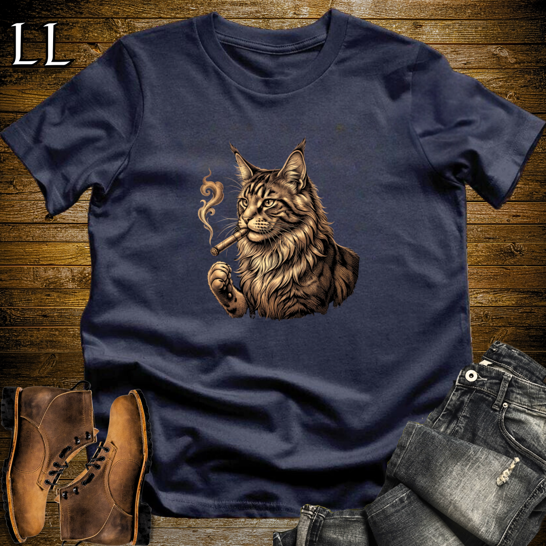Vintage Cigar Maine Coon T-Shirt Navy | Cat Lover Gift Tee