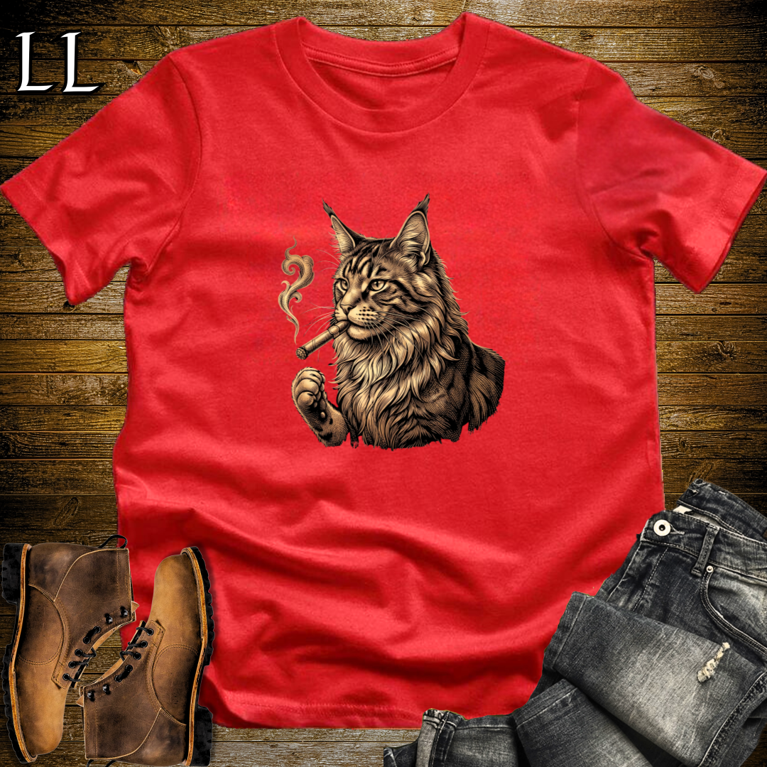 Vintage Cigar Maine Coon T-Shirt Red | Cat Lover Gift Tee