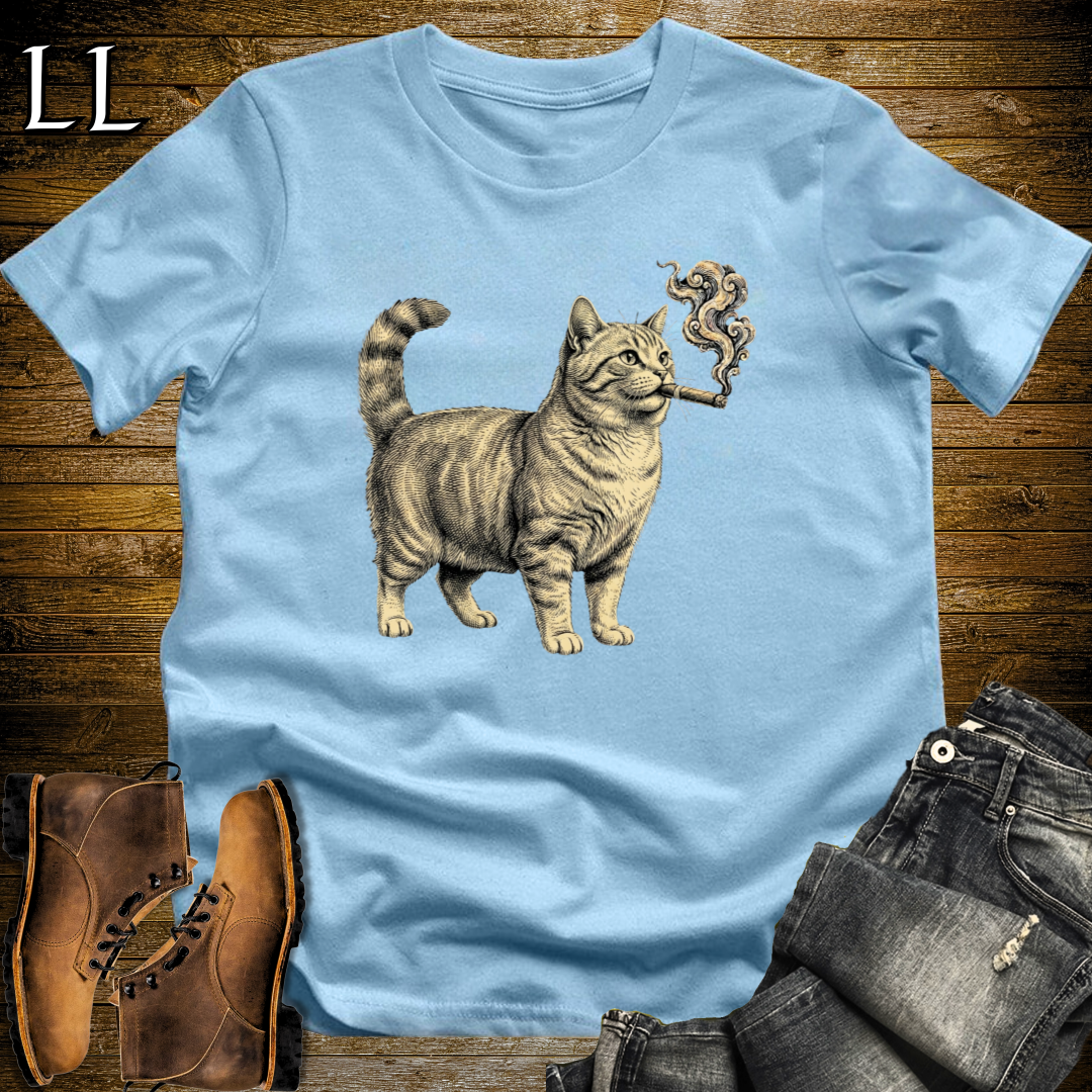 Vintage Cigar Munchkin Cat T-Shirt Light Blue | Cat Lover Gift