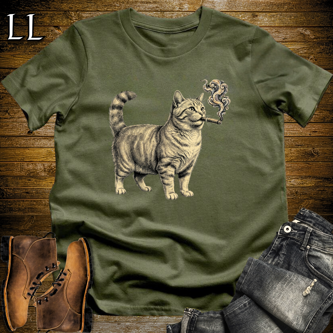 Vintage Cigar Munchkin Cat T-Shirt Military Green | Cat Lover Gift