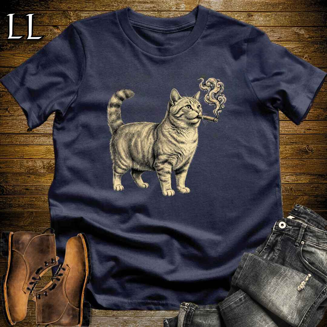 Vintage Cigar Munchkin Cat T-Shirt Navy | Cat Lover Gift