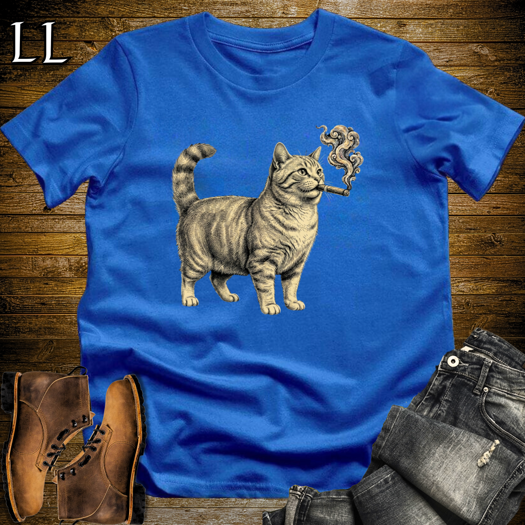 Vintage Cigar Munchkin Cat T-Shirt Royal Blue | Cat Lover Gift
