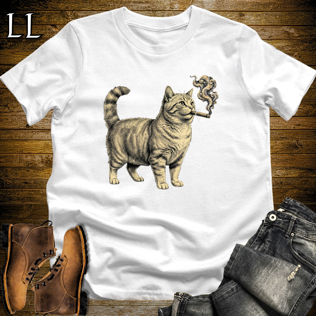 Vintage Cigar Munchkin Cat T-Shirt White | Cat Lover Gift
