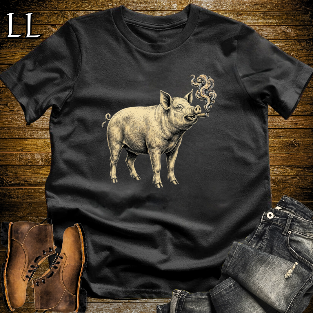 Vintage Cigar Pig T-Shirt Black | Funny Cigar Animal Shirt