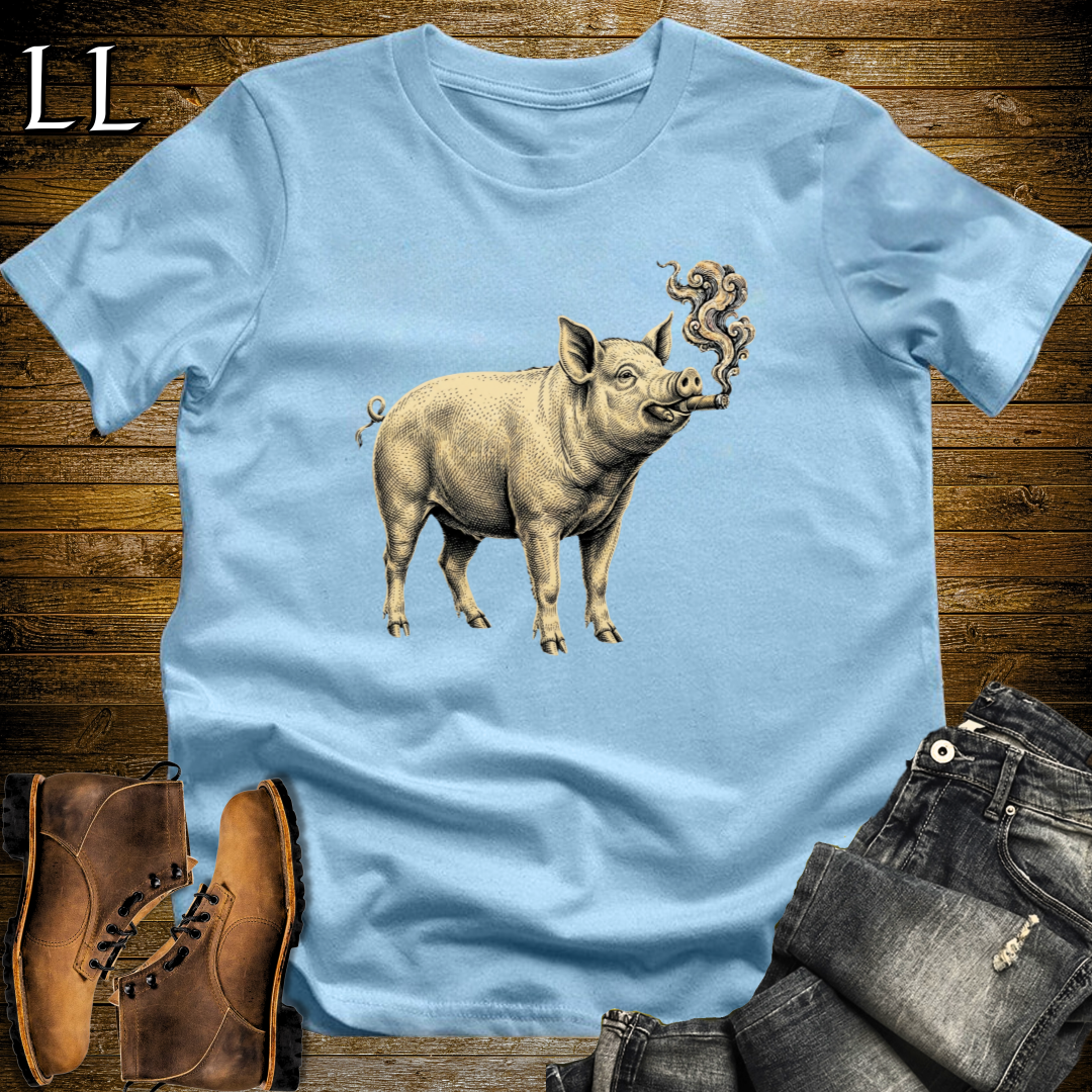 Vintage Cigar Pig T-Shirt Light Blue | Funny Cigar Animal Shirt