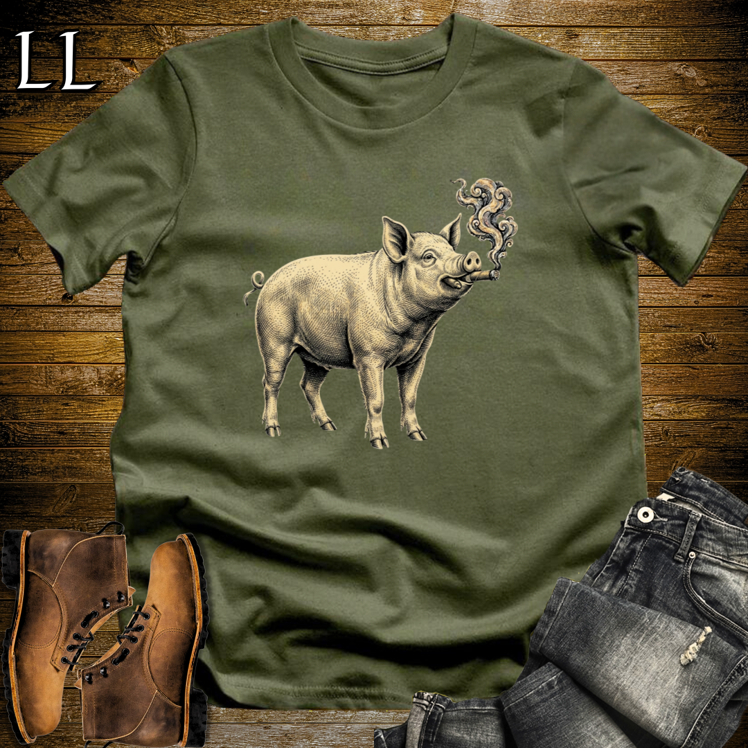 Vintage Cigar Pig T-Shirt Military Green | Funny Cigar Animal Shirt