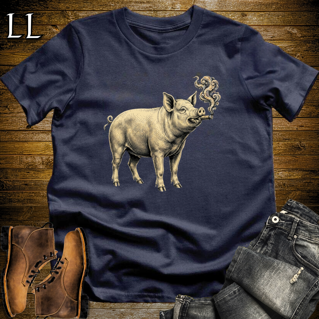 Vintage Cigar Pig T-Shirt Navy | Funny Cigar Animal Shirt