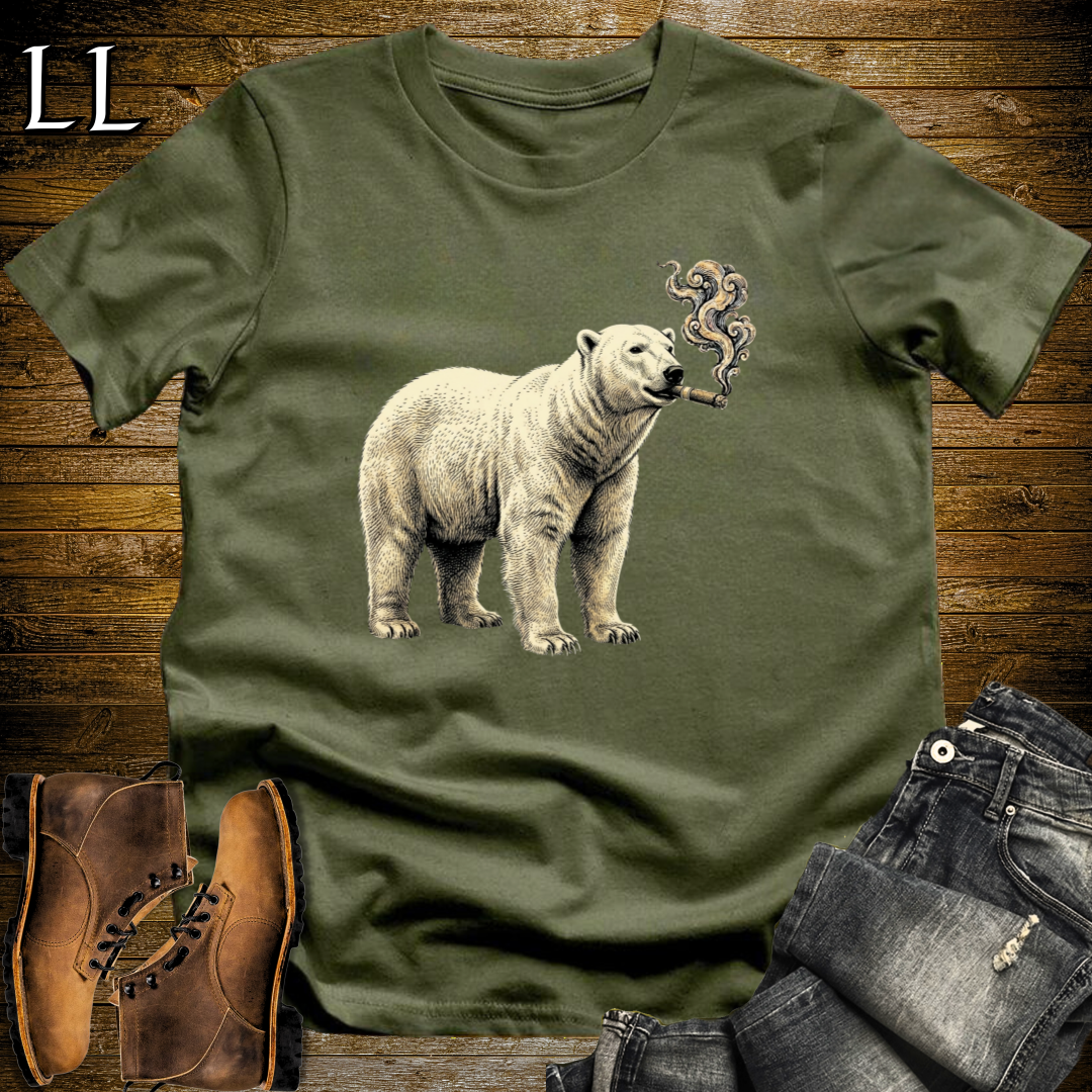 Vintage Cigar Polar Bear T-Shirt Military Green | Funny Animal Shirt