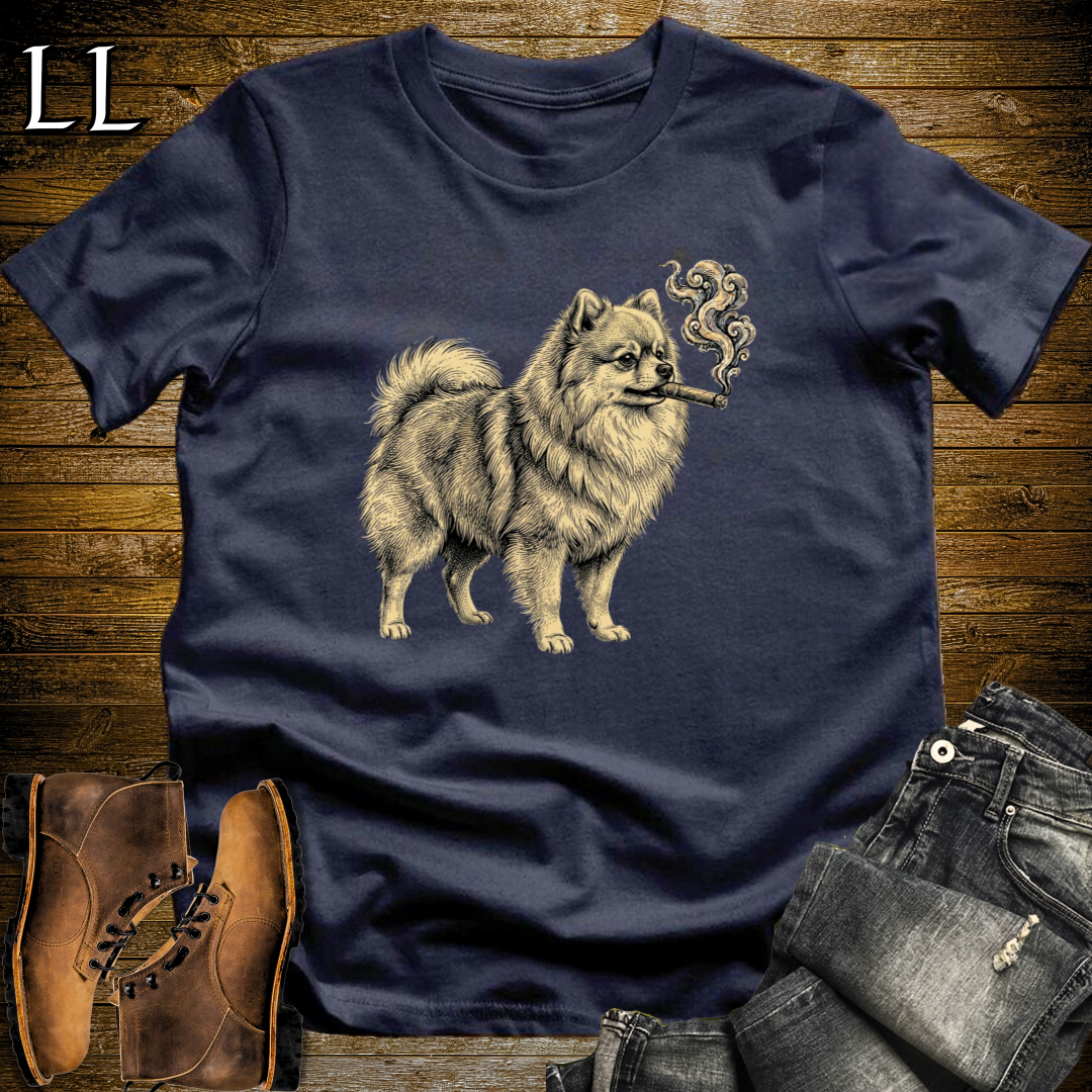 Vintage Cigar Pomeranian T-Shirt Navy | Cigar Dog Lover Gift Tee