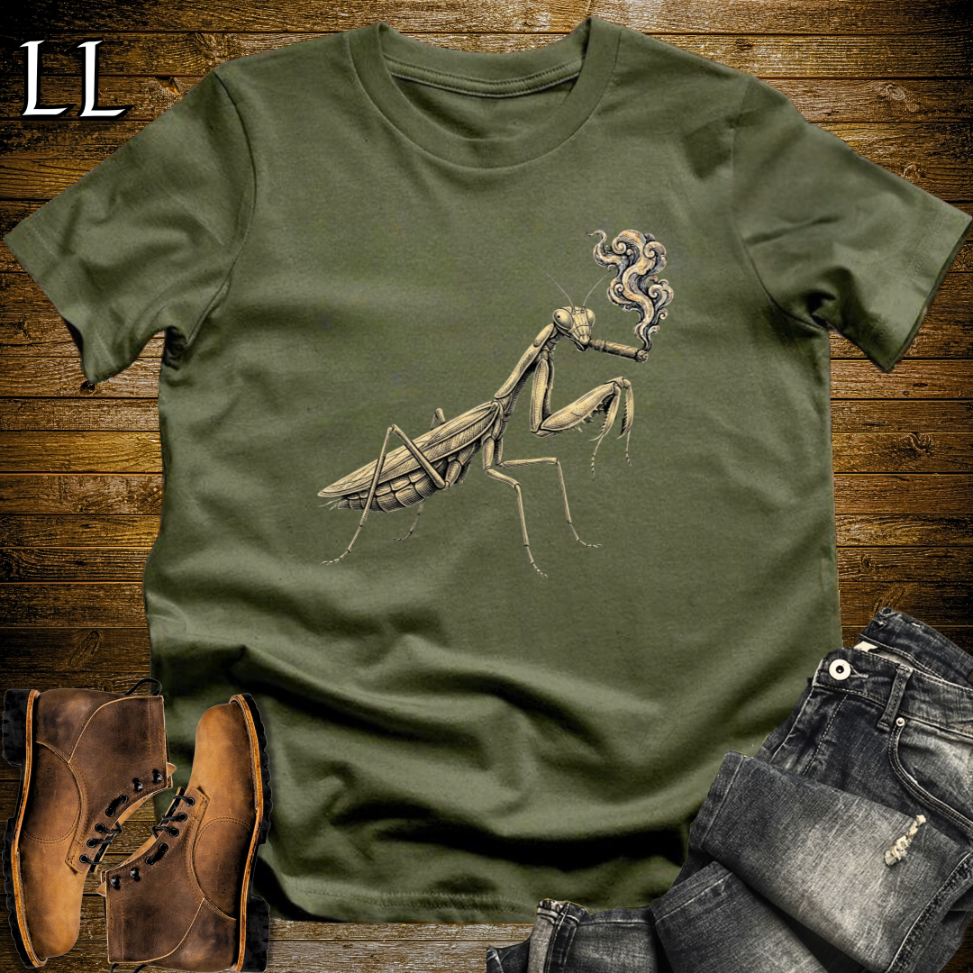 Vintage Cigar Praying Mantis T-Shirt Military Green | Funny Cigar Bug Tee