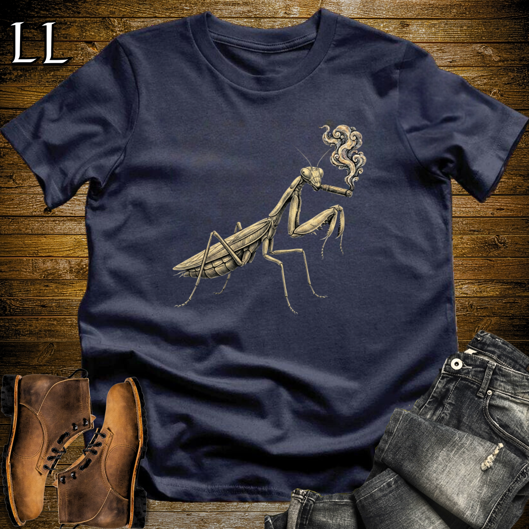 Vintage Cigar Praying Mantis T-Shirt Navy | Funny Cigar Bug Tee