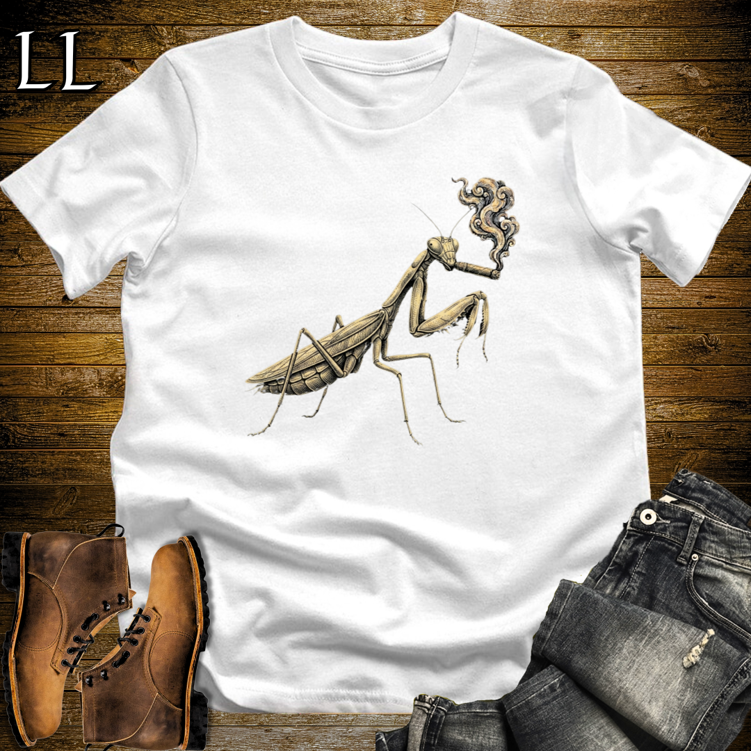 Vintage Cigar Praying Mantis T-Shirt White | Funny Cigar Bug Tee