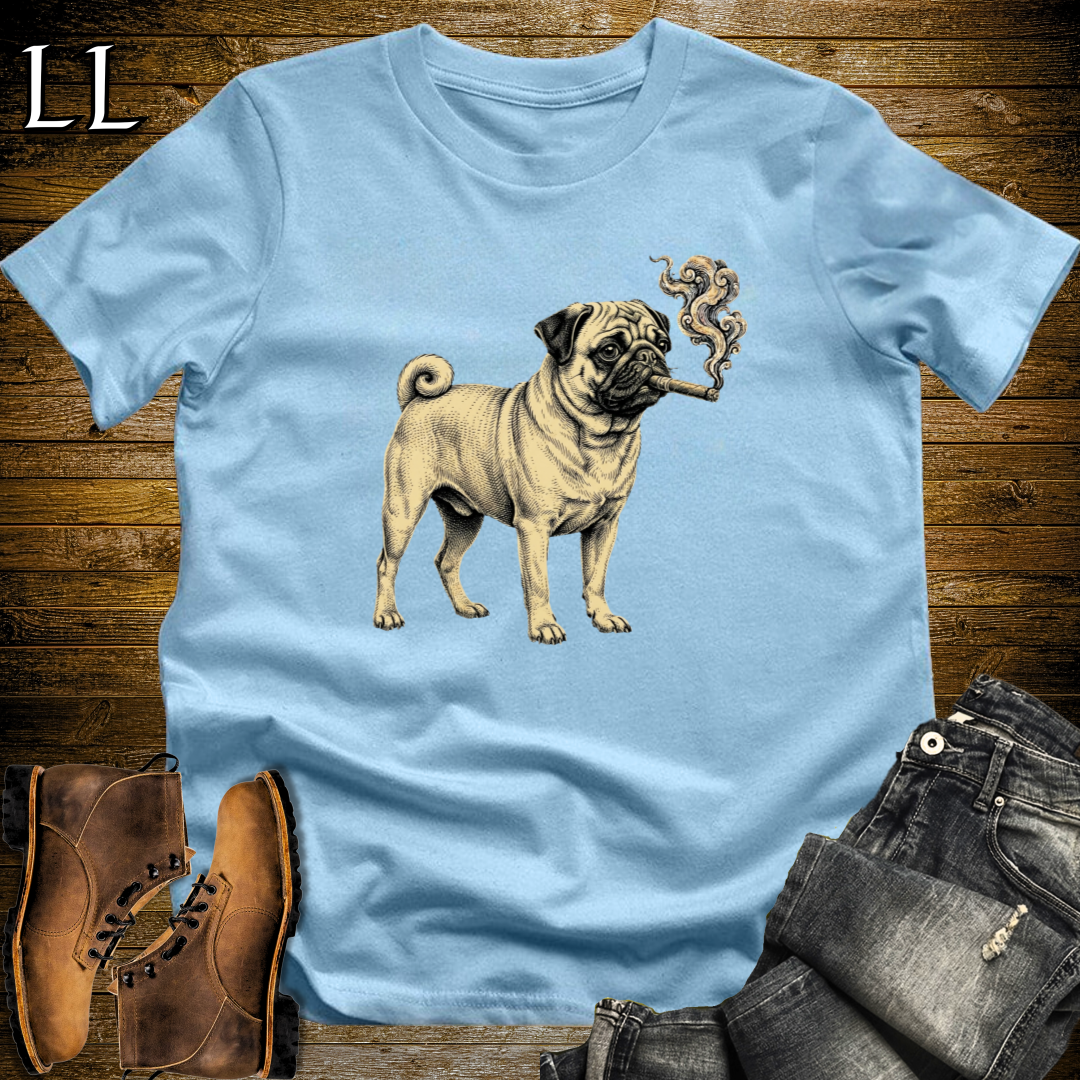 Vintage Cigar Pug T-Shirt Light Blue | Dog Lover Cigar Tee