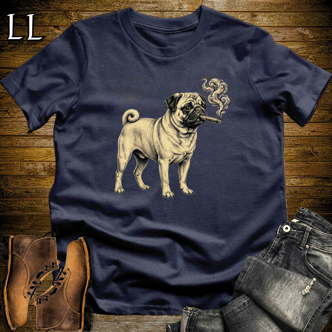Vintage Cigar Pug T-Shirt Navy | Dog Lover Cigar Tee