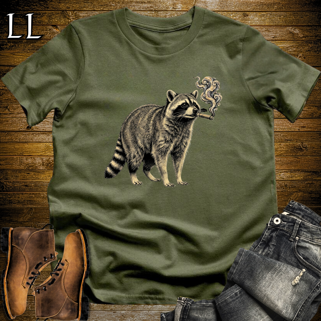 Vintage Cigar Raccoon T-Shirt Military Green | Vintage Cigar Lover Tee