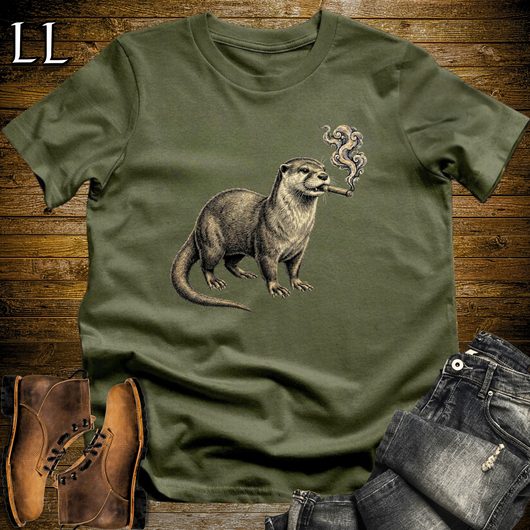 Vintage Cigar River Otter T-Shirt Military Green | Cigar Lover Gift Tee