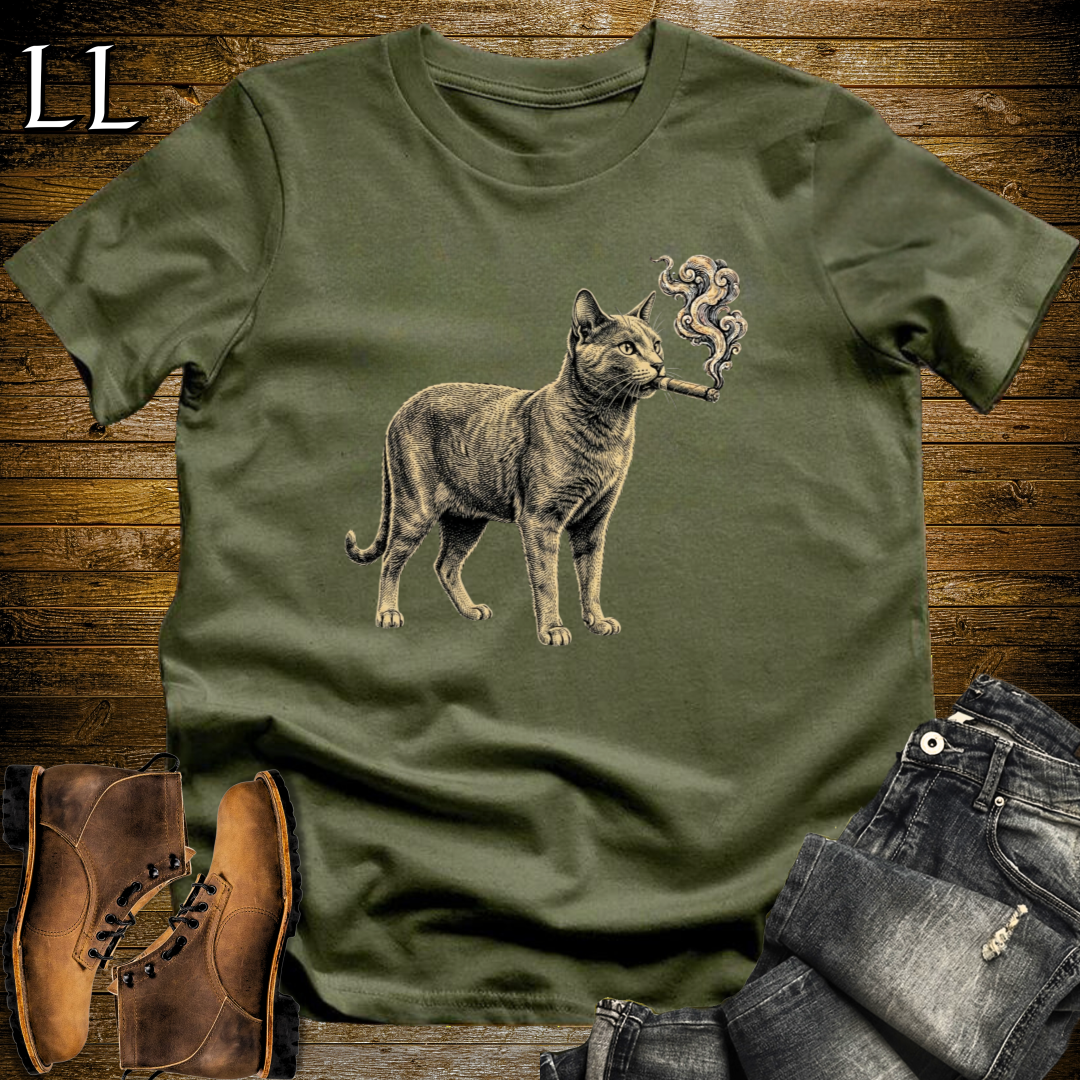 Vintage Cigar Russian Blue T-Shirt Military Green | Cigar Russian Blue Cat Tee