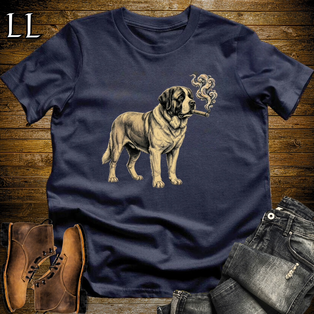 Vintage Cigar Saint Bernard T-Shirt Navy | Dog Lover Cigar Tee