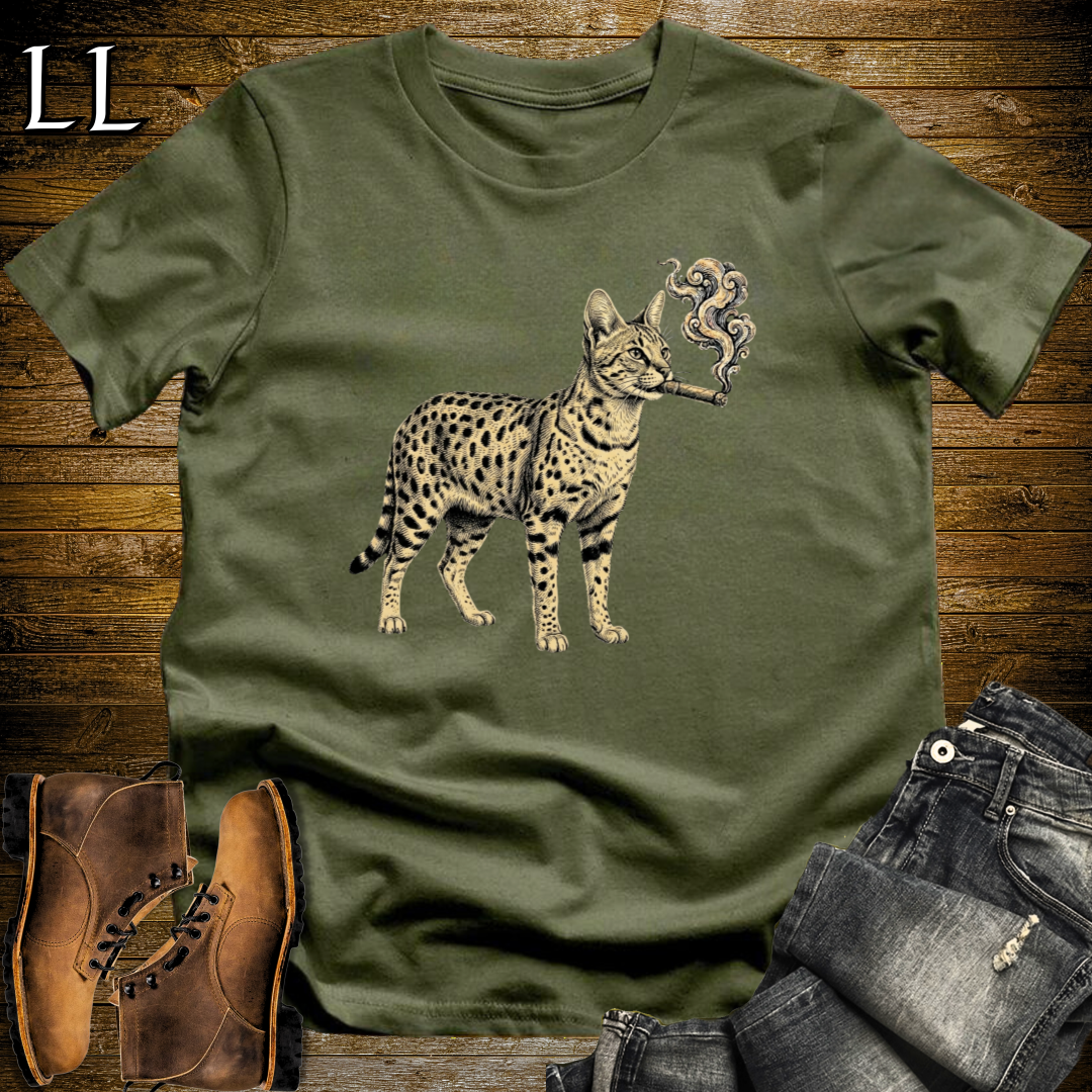 Vintage Cigar Savannah Cat T-Shirt Military Green | Cat Lover Gift Tee