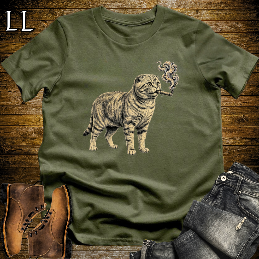 Vintage Cigar Scottish Fold T-Shirt Military Green | Cat Lover Cigar Tee