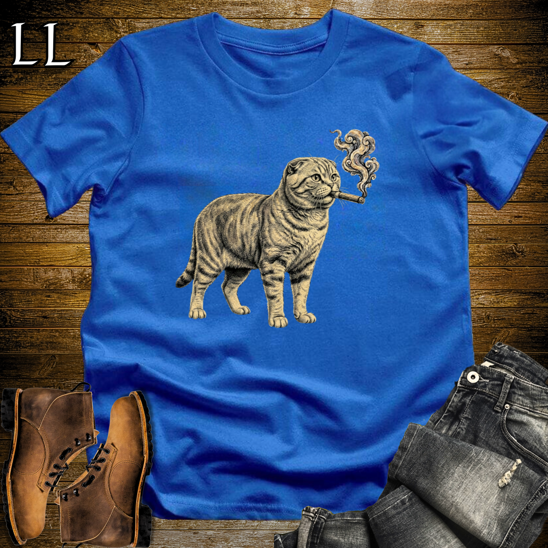 Vintage Cigar Scottish Fold T-Shirt Royal Blue | Cat Lover Cigar Tee