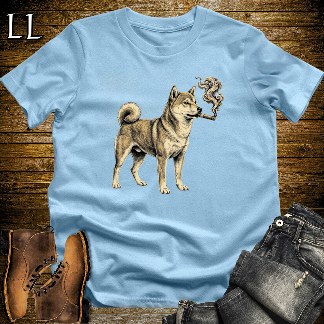 Vintage Cigar Shiba Inu T-Shirt Light Blue | Dog Lover Cigar Tee