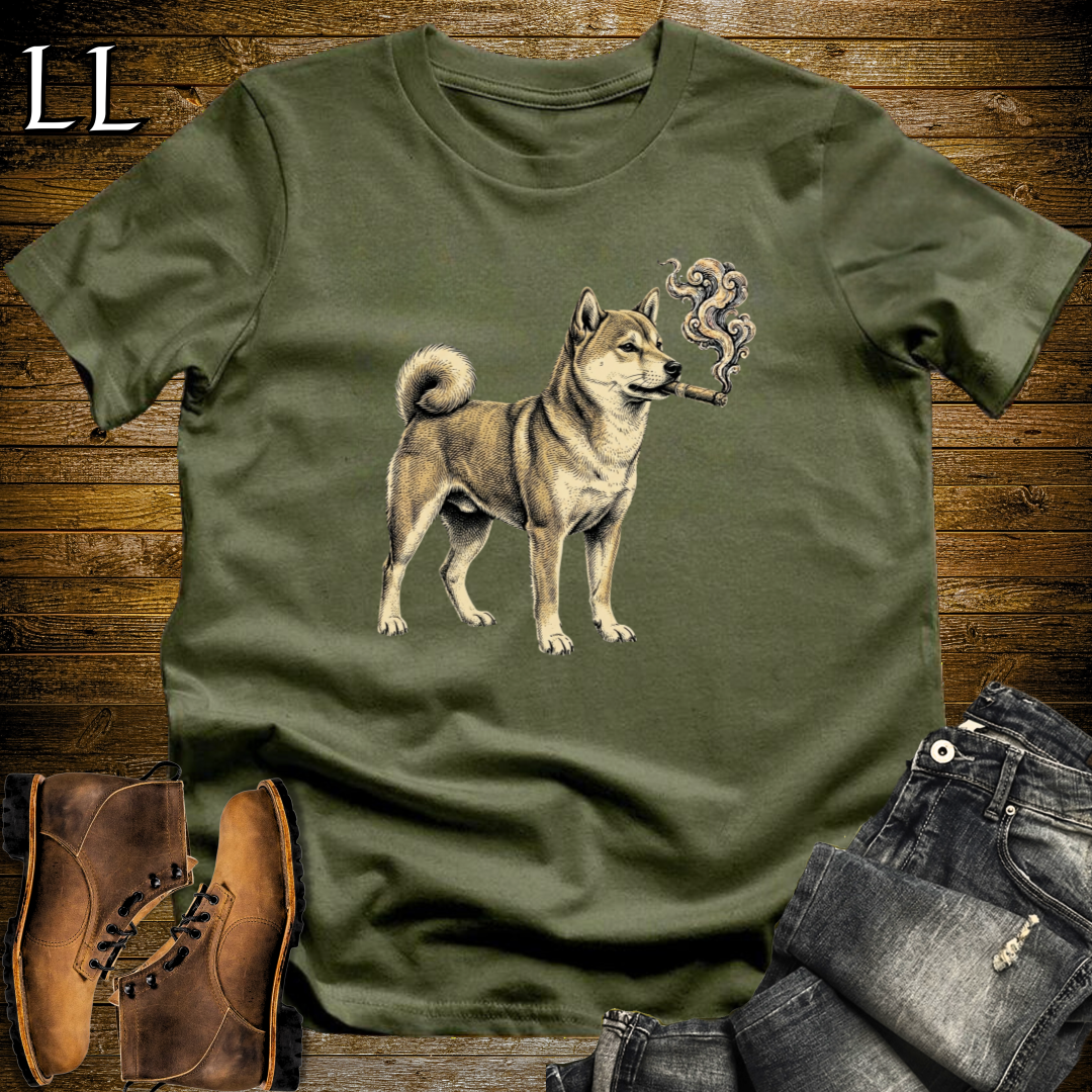 Vintage Cigar Shiba Inu T-Shirt Military Green | Dog Lover Cigar Tee