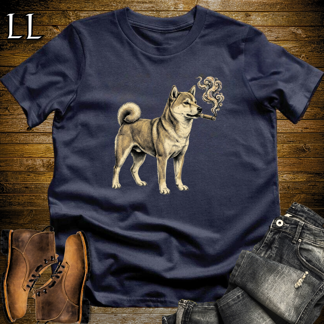Vintage Cigar Shiba Inu T-Shirt Navy | Dog Lover Cigar Tee
