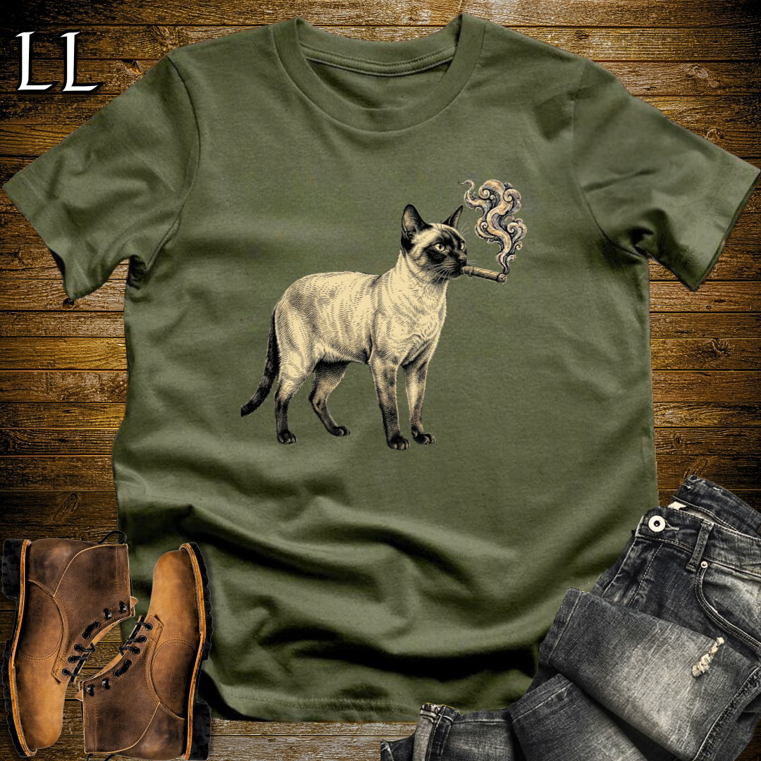 Vintage Cigar Siamese Cat T-Shirt Military Green | Cigar Siamese Cat Tee